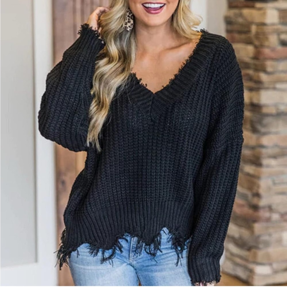 Pink Lily Women’s Black Off The Shoulder Distressed V-Neck Chunky Knit Sweater.